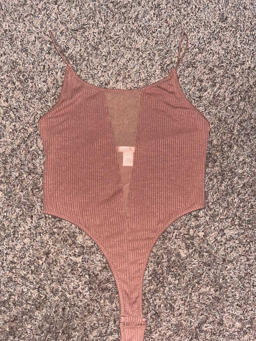 Ribbed One-Piece Bodysuit in Dusty Rose/brown w/ mesh V shaped peek in front